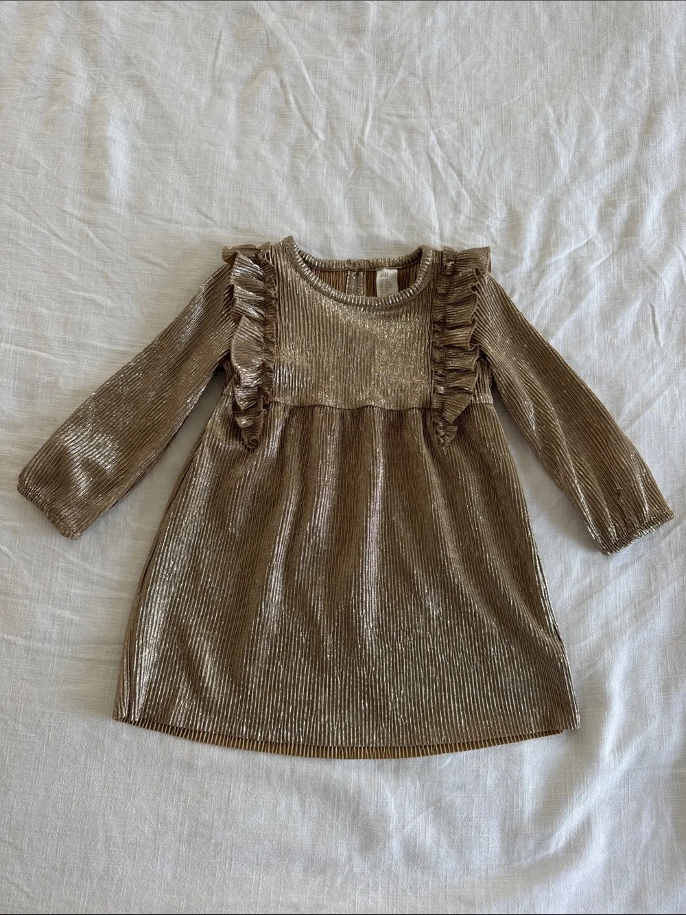 H&M Metallic Gold Ruffle-Detail Long Sleeve Dress